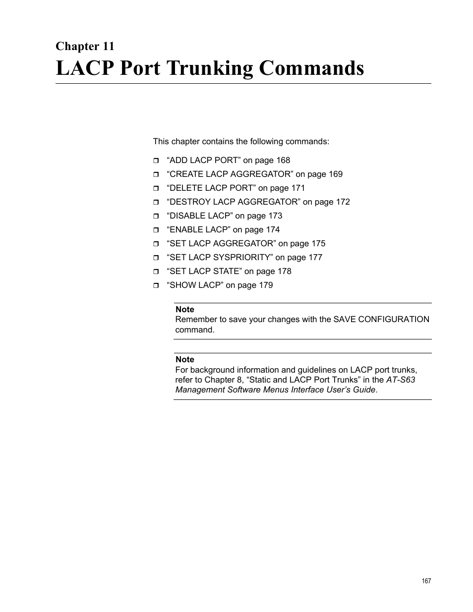 Chapter 11, Lacp port trunking commands | Allied Telesis AT-S63 User Manual | Page 167 / 726