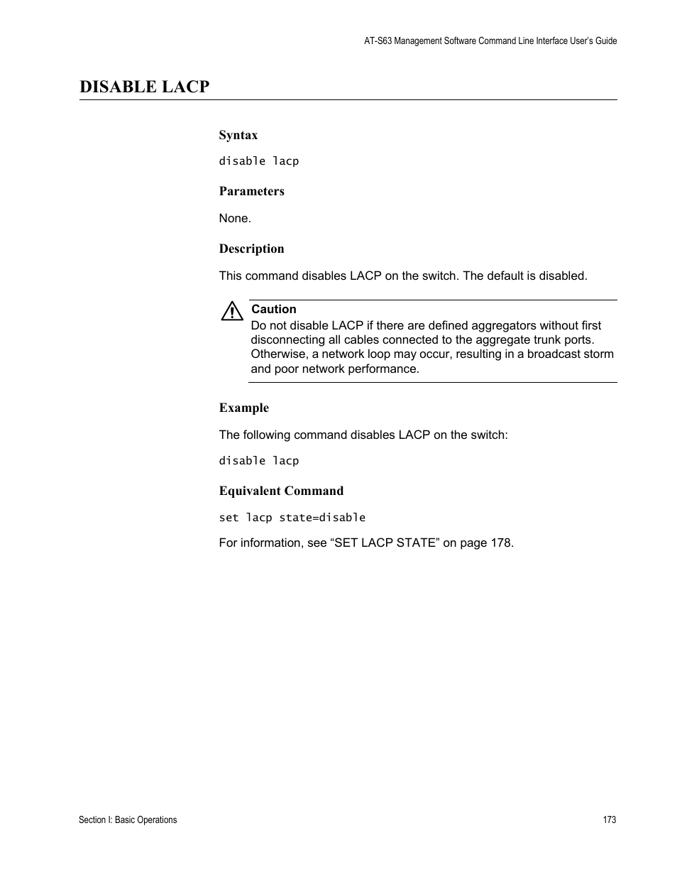 Disable lacp | Allied Telesis AT-S63 User Manual | Page 173 / 726