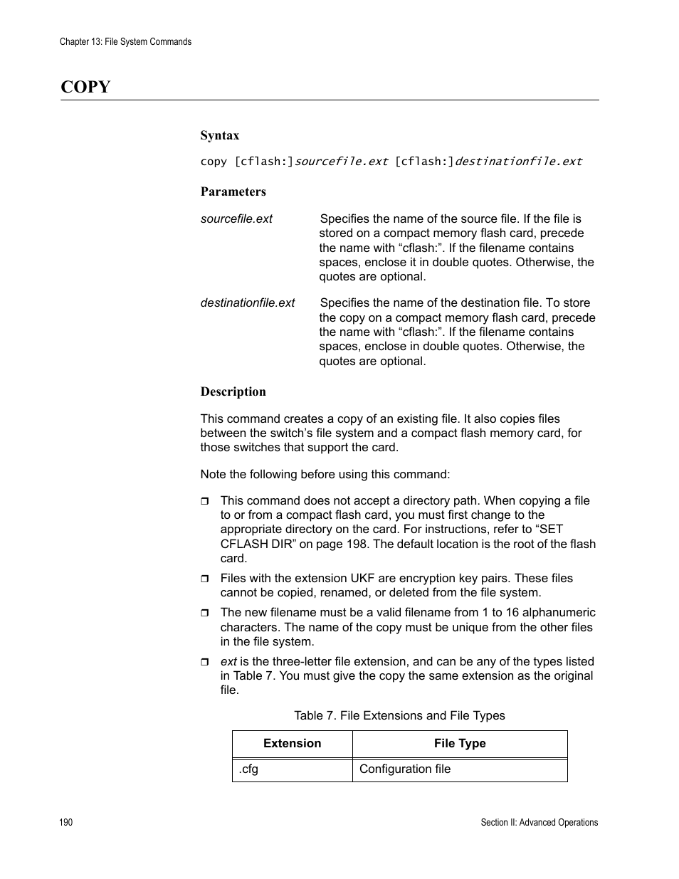 Copy, Table 7. file extensions and file types | Allied Telesis AT-S63 User Manual | Page 190 / 726
