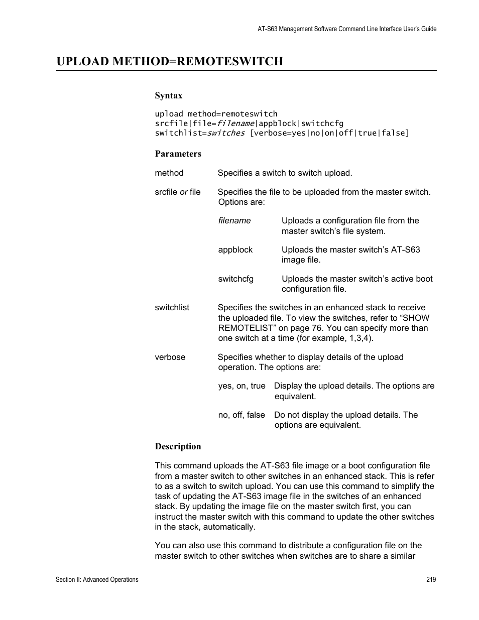 Upload method=remoteswitch | Allied Telesis AT-S63 User Manual | Page 219 / 726