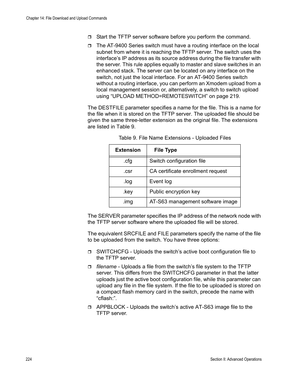 Table 9. file name extensions - uploaded files | Allied Telesis AT-S63 User Manual | Page 224 / 726
