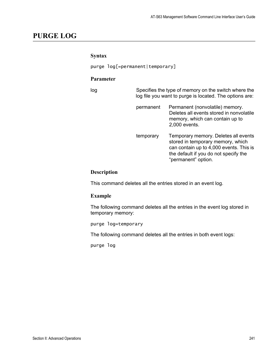 Purge log | Allied Telesis AT-S63 User Manual | Page 241 / 726