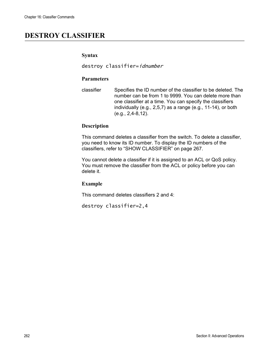 Destroy classifier | Allied Telesis AT-S63 User Manual | Page 262 / 726