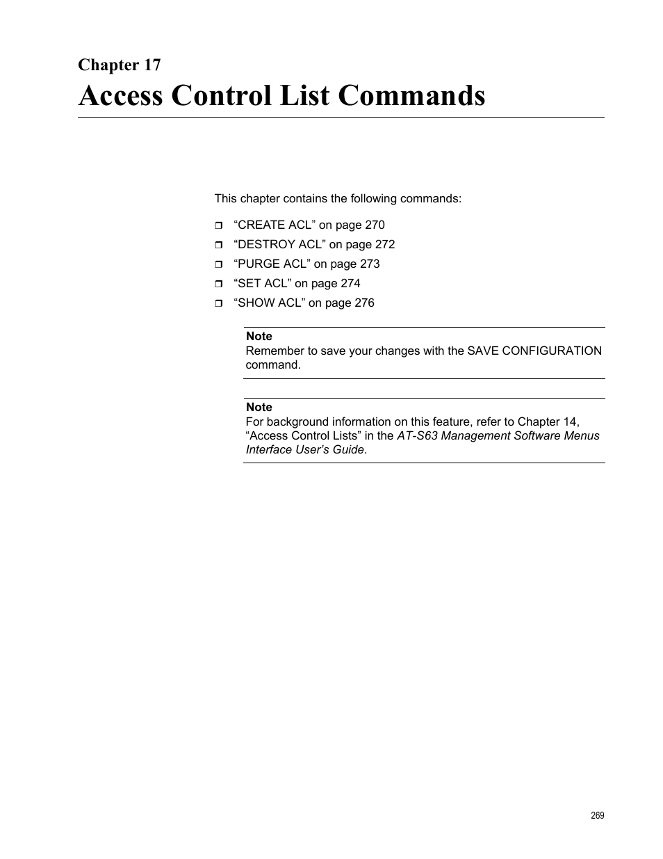 Chapter 17, Access control list commands | Allied Telesis AT-S63 User Manual | Page 269 / 726