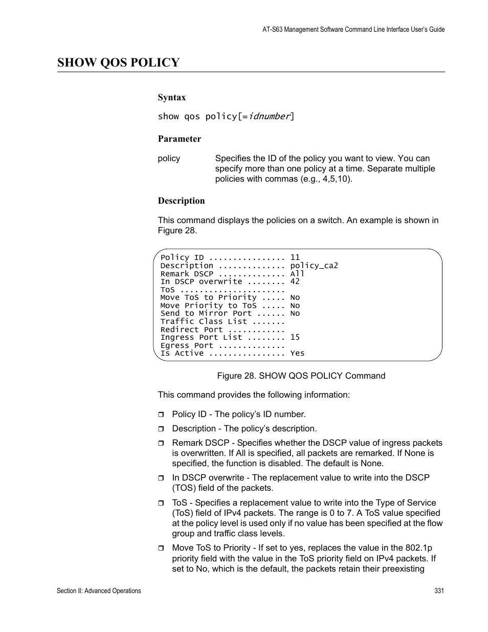 Show qos policy | Allied Telesis AT-S63 User Manual | Page 331 / 726