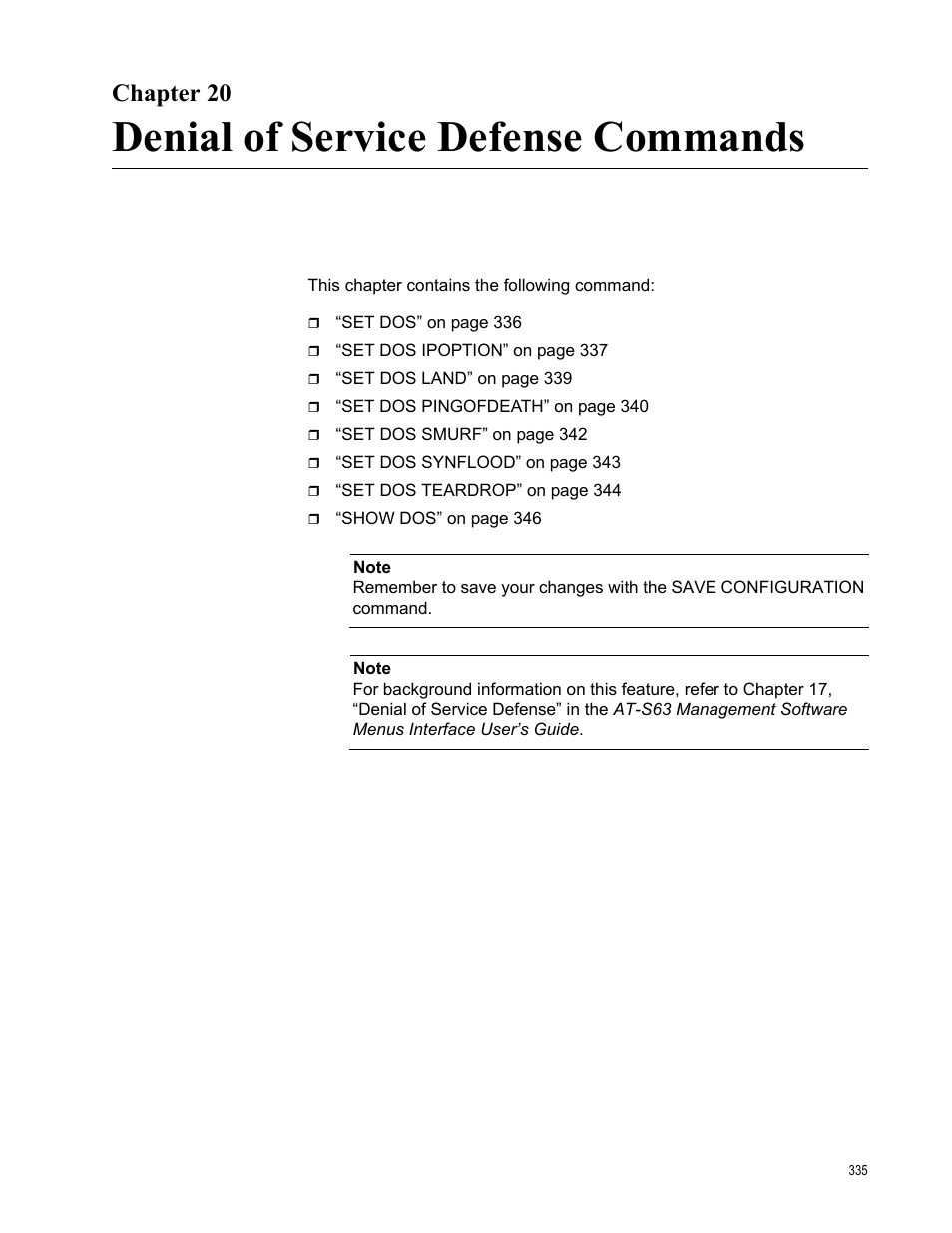 Chapter 20, Denial of service defense commands | Allied Telesis AT-S63 User Manual | Page 335 / 726