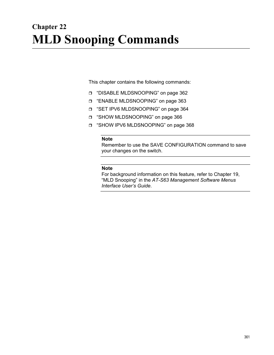 Chapter 22, Mld snooping commands | Allied Telesis AT-S63 User Manual | Page 361 / 726
