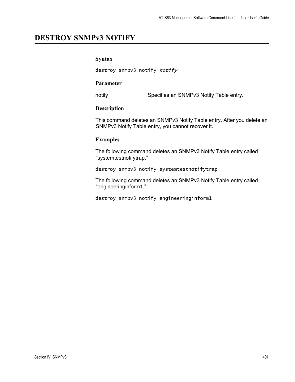 Destroy snmpv3 notify | Allied Telesis AT-S63 User Manual | Page 401 / 726