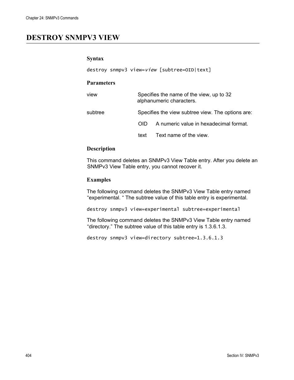 Destroy snmpv3 view | Allied Telesis AT-S63 User Manual | Page 404 / 726