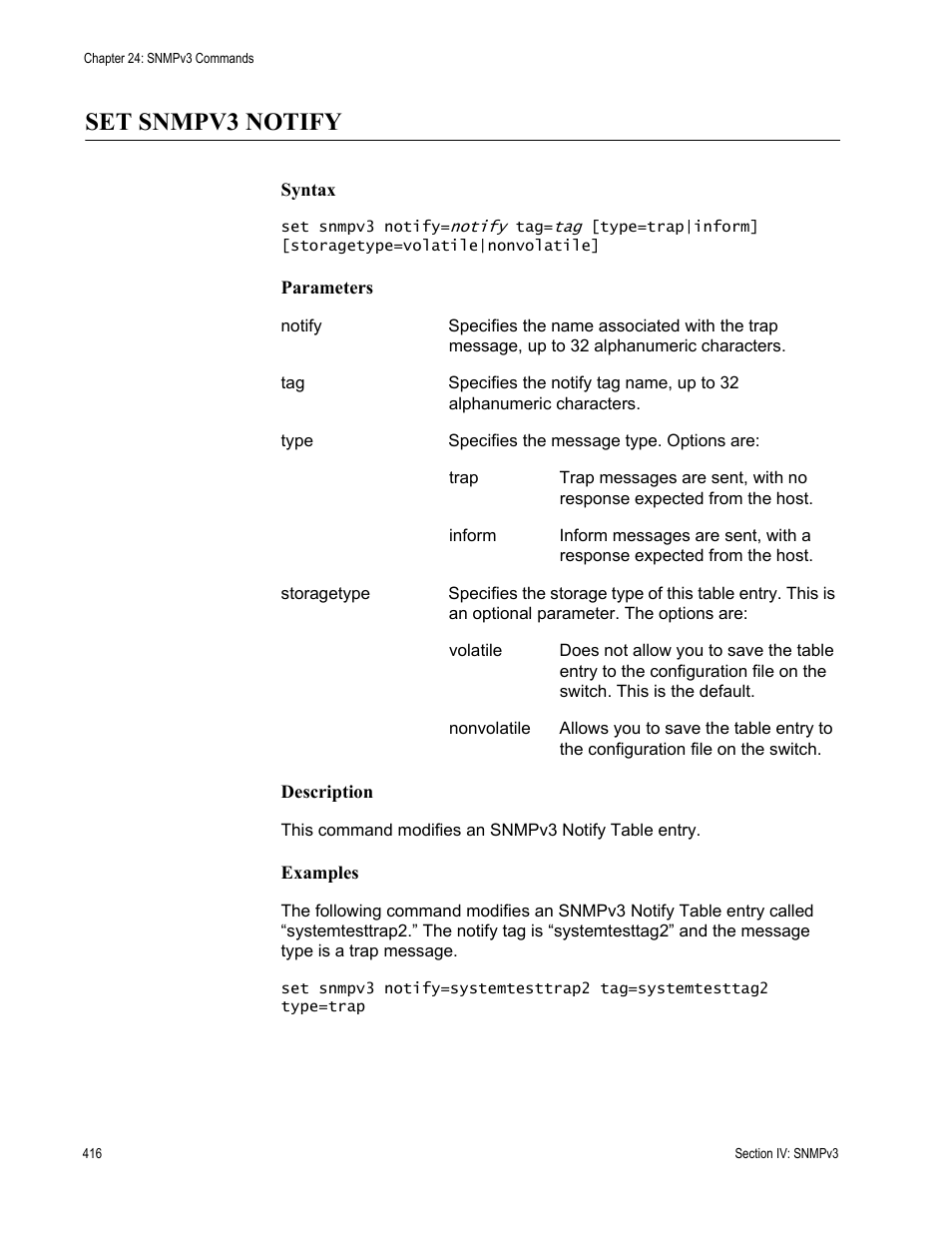 Set snmpv3 notify | Allied Telesis AT-S63 User Manual | Page 416 / 726