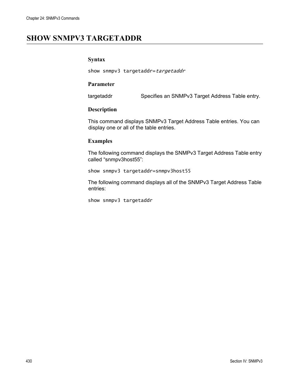 Show snmpv3 targetaddr | Allied Telesis AT-S63 User Manual | Page 430 / 726