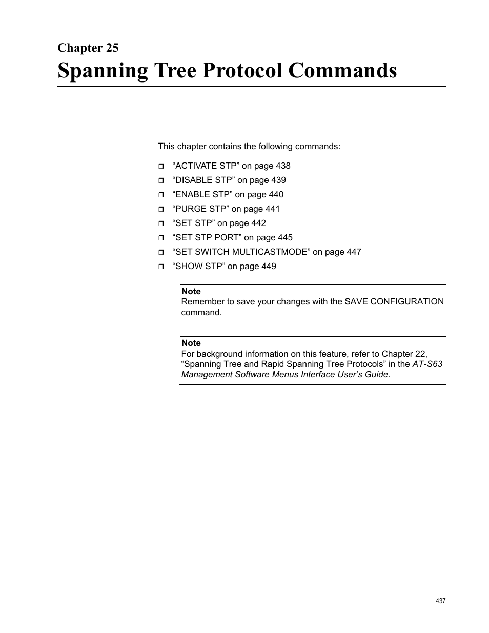 Chapter 25, Spanning tree protocol commands | Allied Telesis AT-S63 User Manual | Page 437 / 726