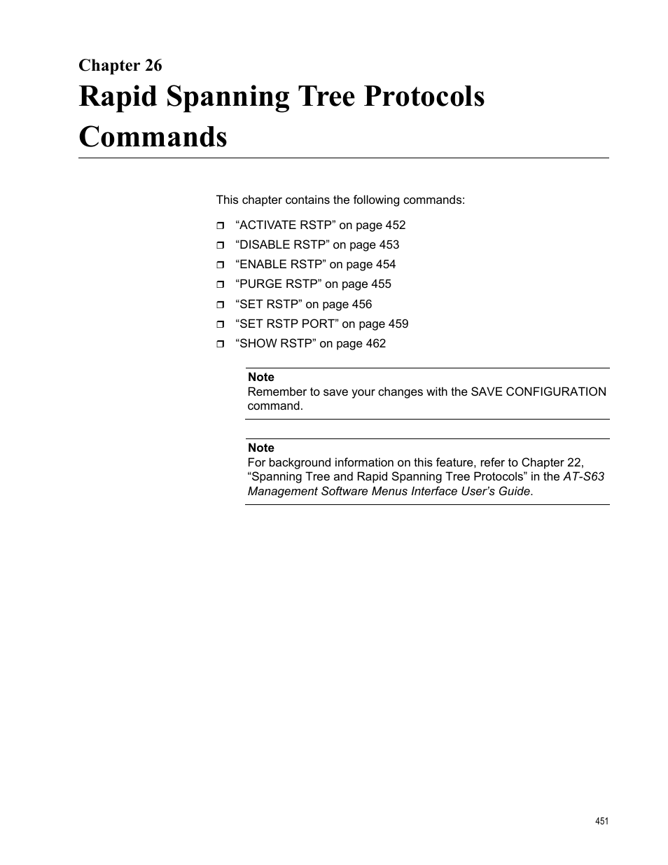 Chapter 26, Rapid spanning tree protocols commands | Allied Telesis AT-S63 User Manual | Page 451 / 726