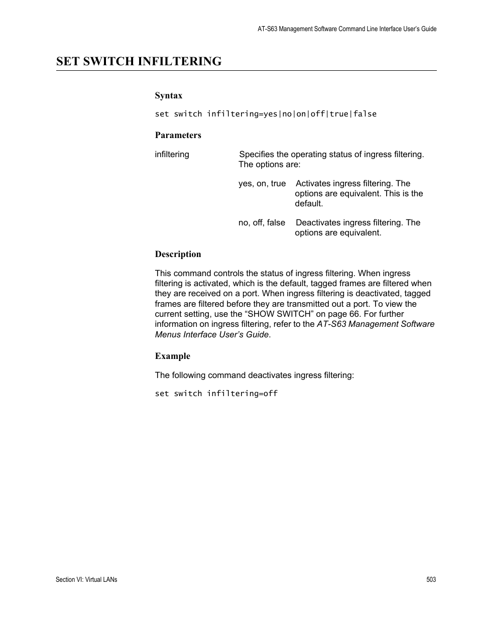 Set switch infiltering | Allied Telesis AT-S63 User Manual | Page 503 / 726