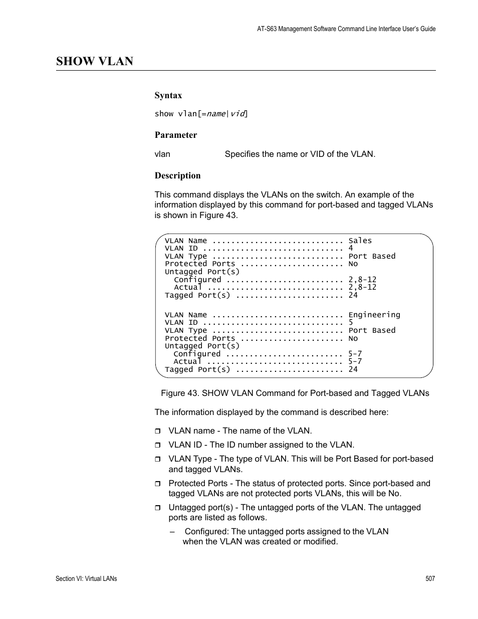 Show vlan | Allied Telesis AT-S63 User Manual | Page 507 / 726