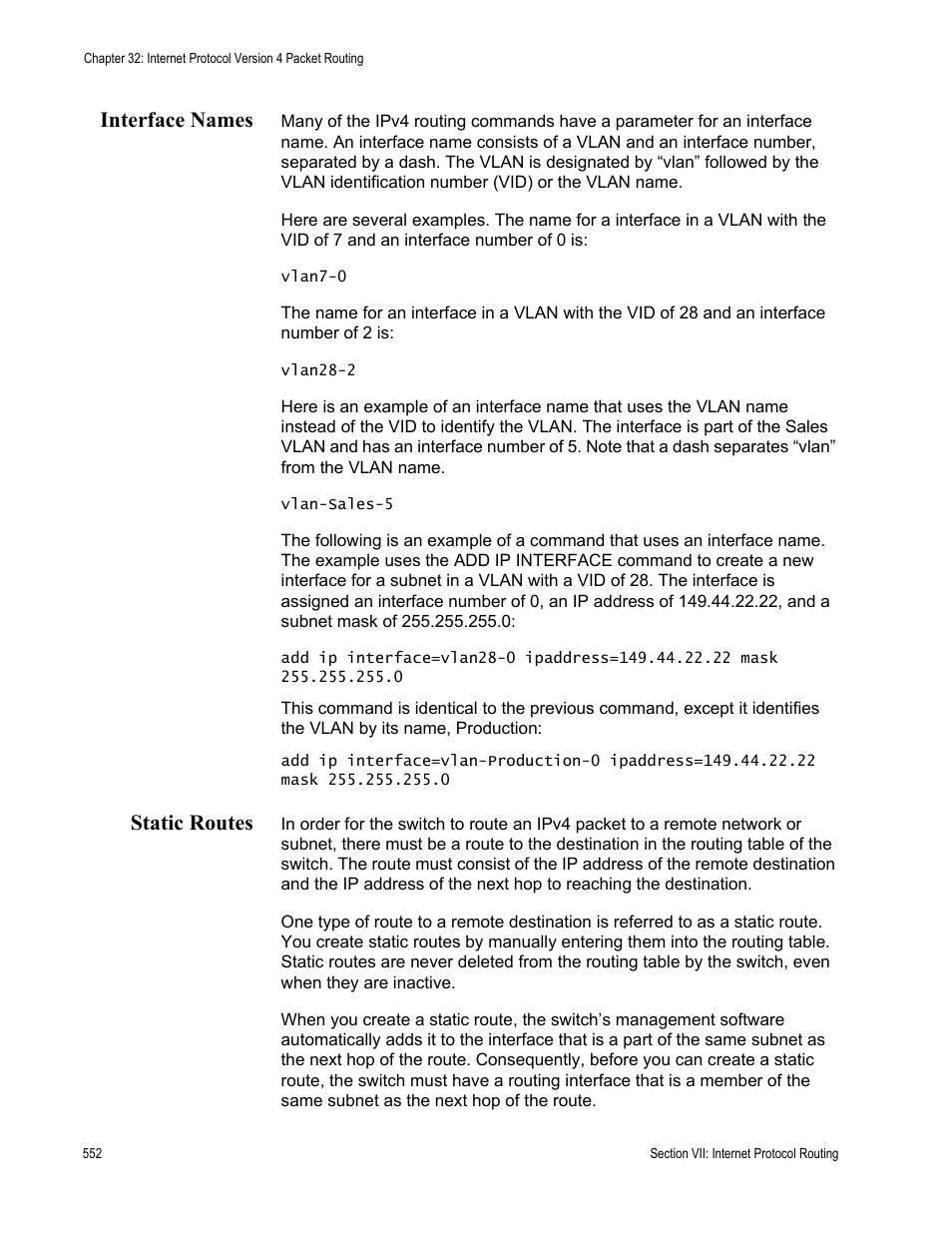 Interface names, Static routes, Interface names static routes | Allied Telesis AT-S63 User Manual | Page 552 / 726