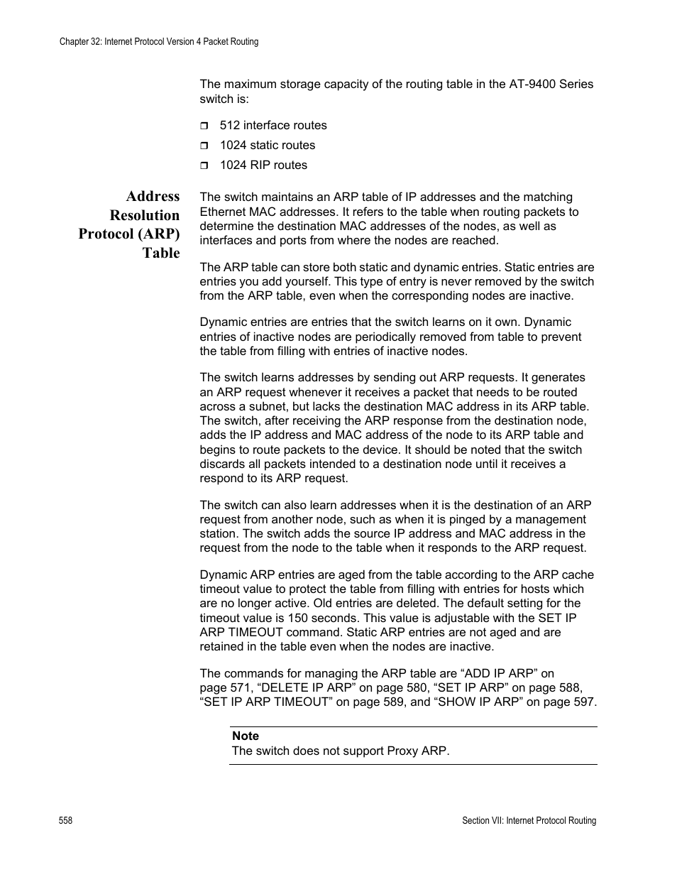 Address resolution protocol (arp) table | Allied Telesis AT-S63 User Manual | Page 558 / 726