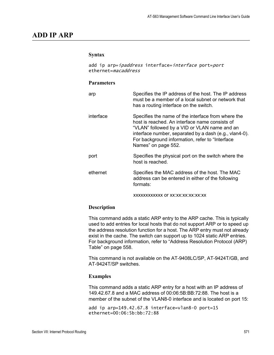 Add ip arp | Allied Telesis AT-S63 User Manual | Page 571 / 726