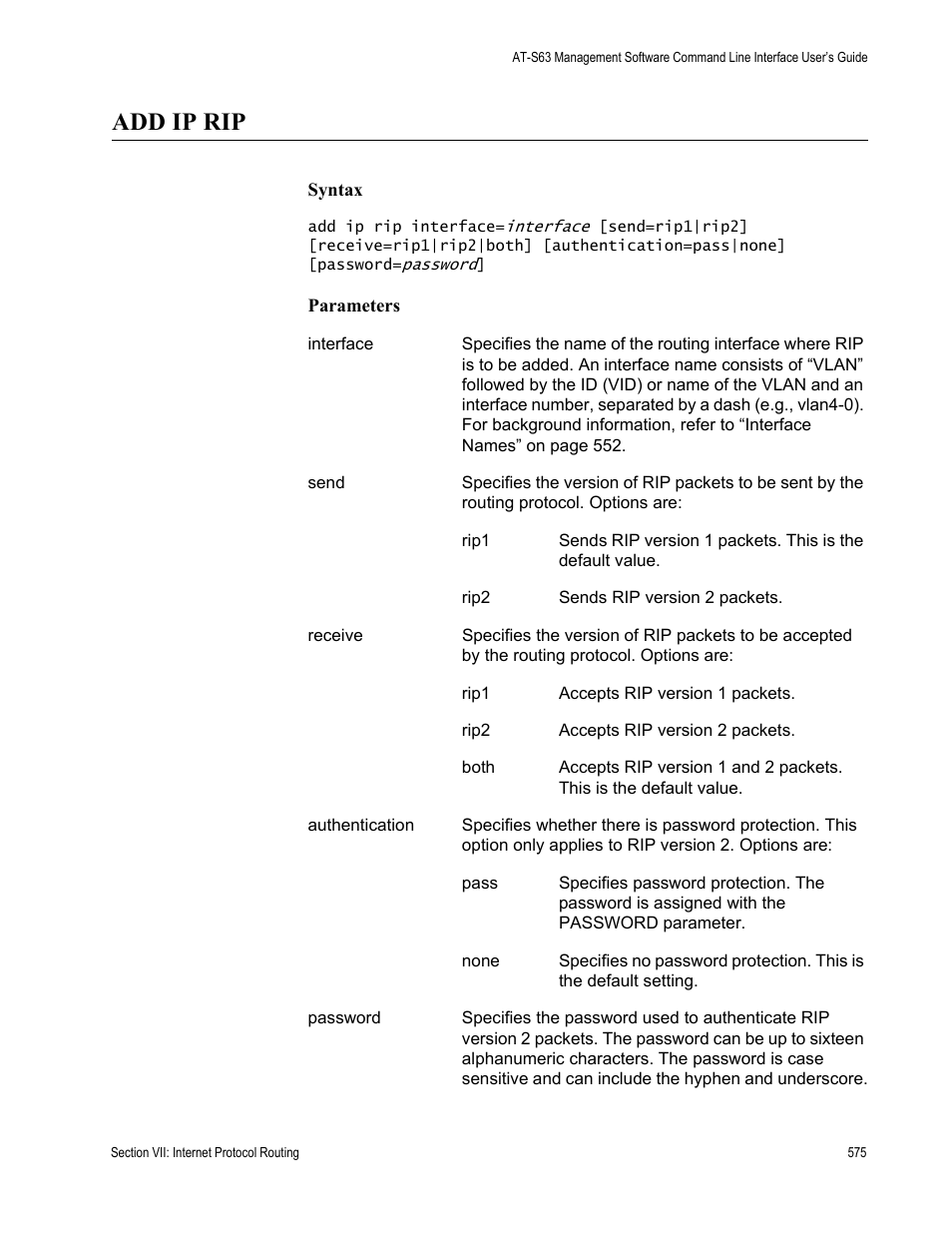 Add ip rip | Allied Telesis AT-S63 User Manual | Page 575 / 726
