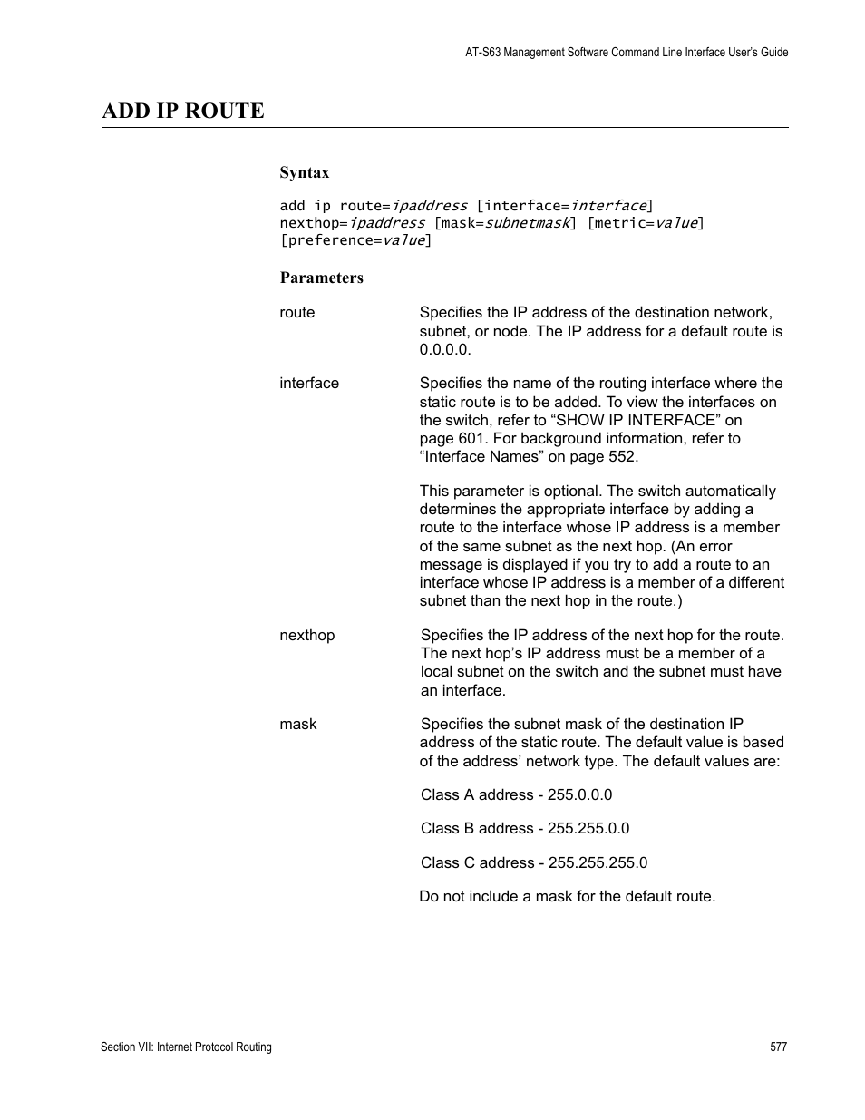 Add ip route | Allied Telesis AT-S63 User Manual | Page 577 / 726
