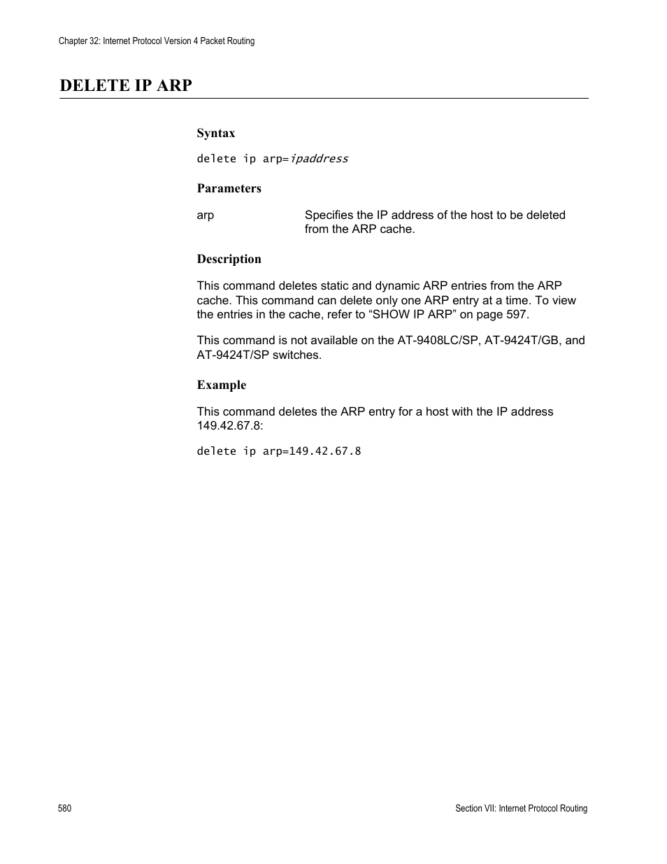 Delete ip arp, Ge 580, “set ip arp” o | Allied Telesis AT-S63 User Manual | Page 580 / 726