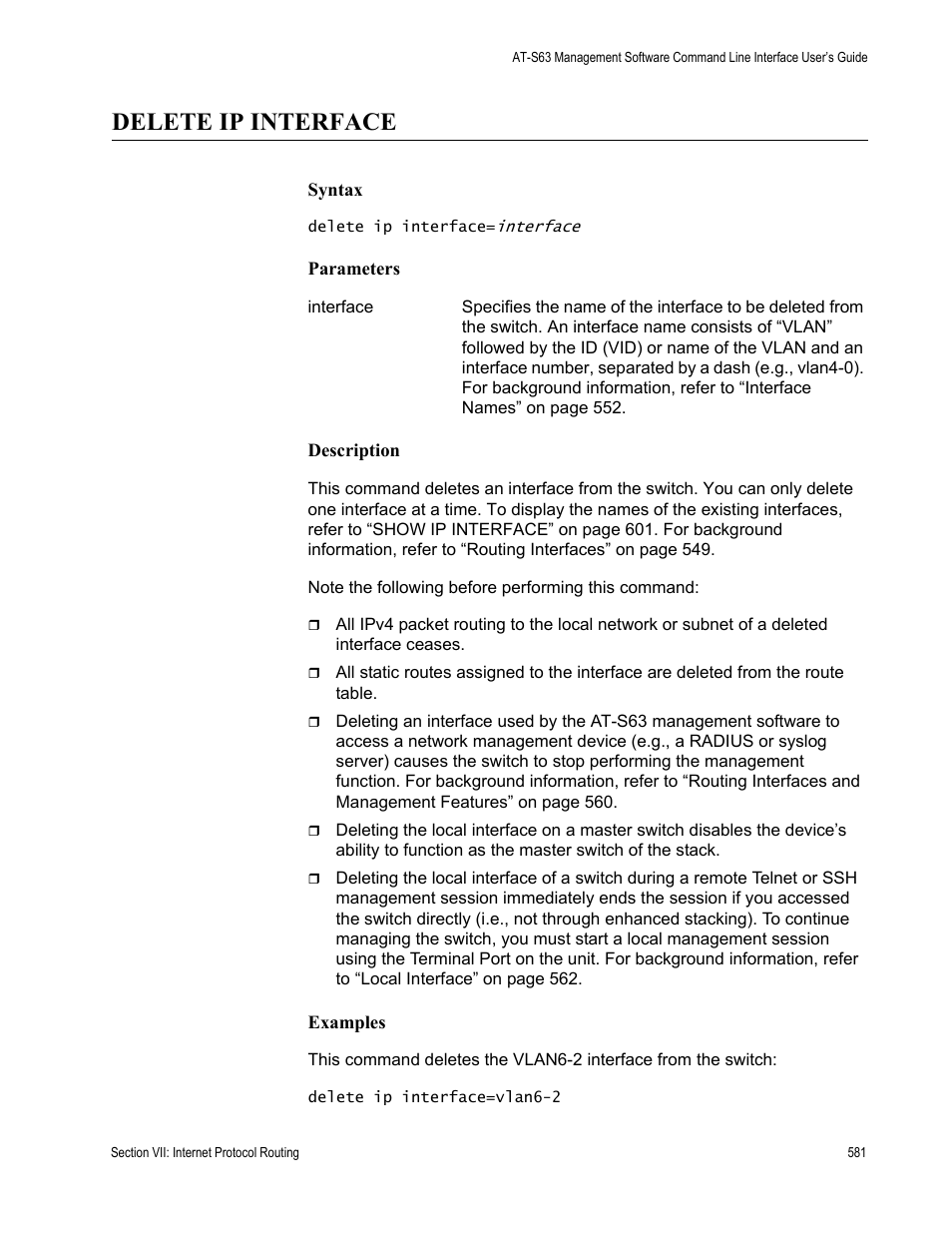 Delete ip interface | Allied Telesis AT-S63 User Manual | Page 581 / 726
