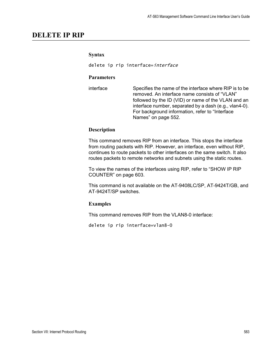 Delete ip rip | Allied Telesis AT-S63 User Manual | Page 583 / 726