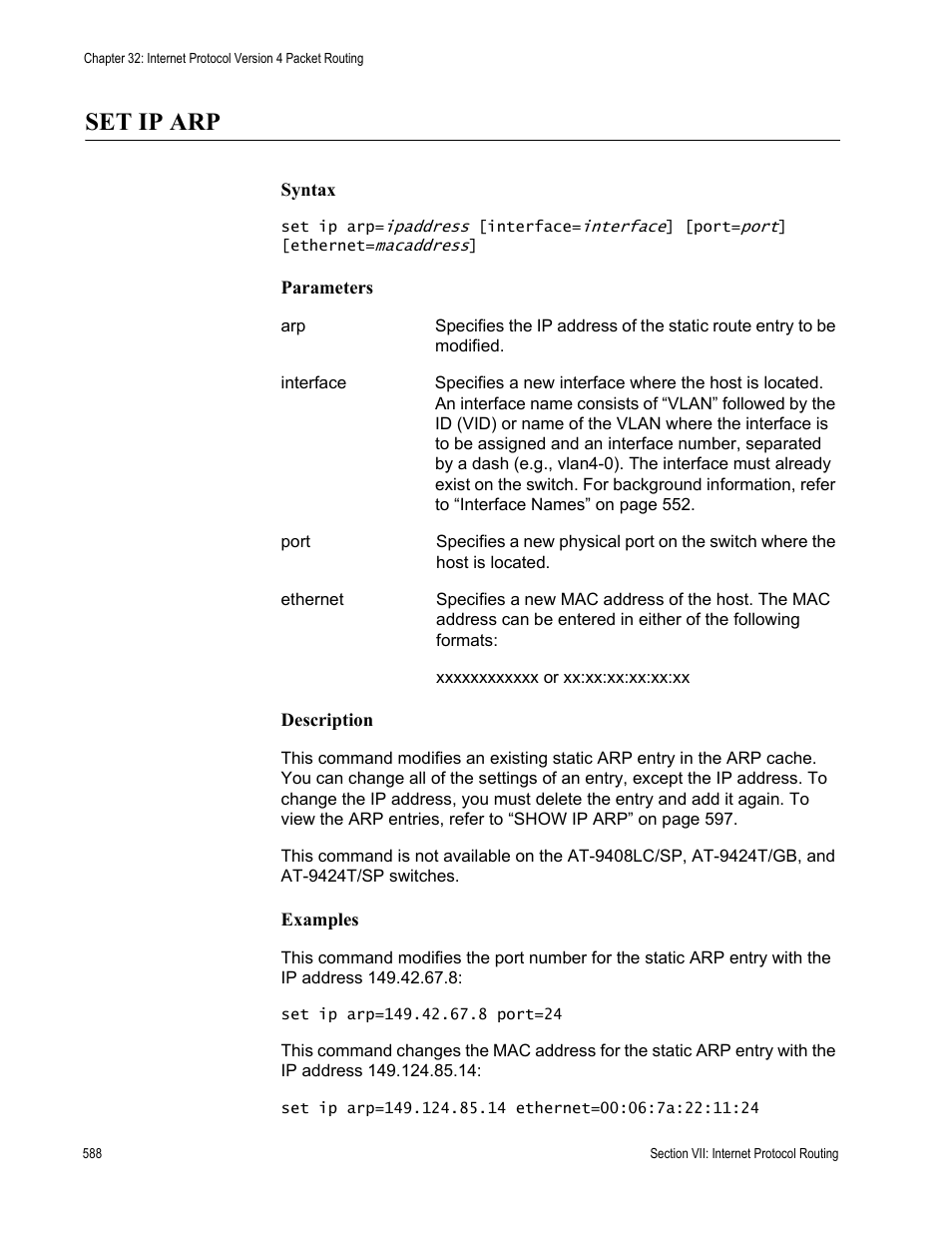 Set ip arp | Allied Telesis AT-S63 User Manual | Page 588 / 726