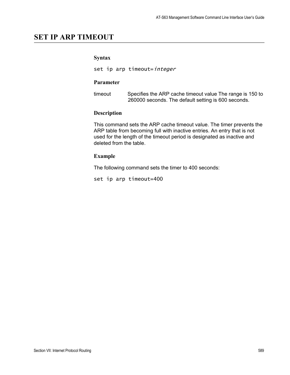Set ip arp timeout | Allied Telesis AT-S63 User Manual | Page 589 / 726
