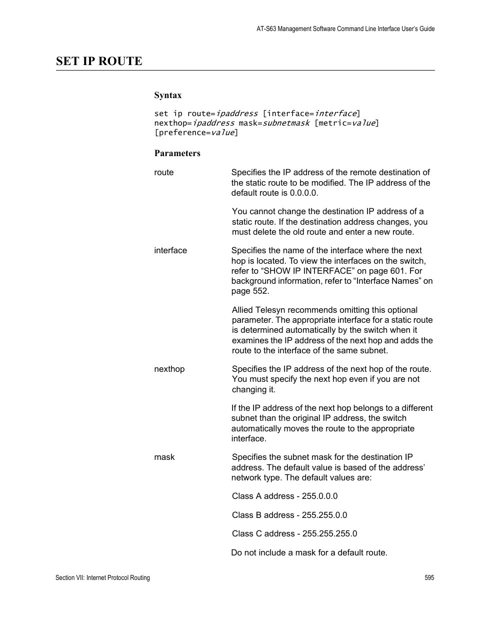 Set ip route | Allied Telesis AT-S63 User Manual | Page 595 / 726
