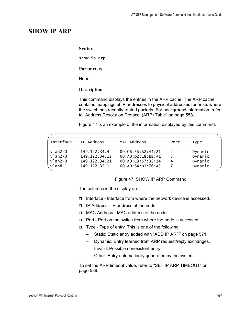 Show ip arp | Allied Telesis AT-S63 User Manual | Page 597 / 726