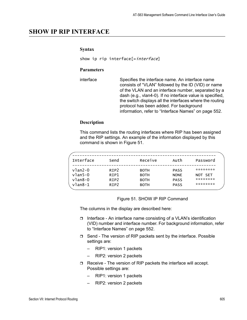 Show ip rip interface | Allied Telesis AT-S63 User Manual | Page 605 / 726