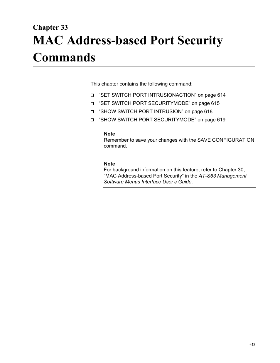 Chapter 33, Mac address-based port security commands | Allied Telesis AT-S63 User Manual | Page 613 / 726