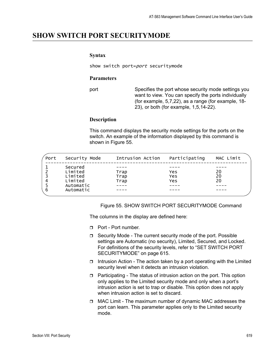 Show switch port securitymode | Allied Telesis AT-S63 User Manual | Page 619 / 726