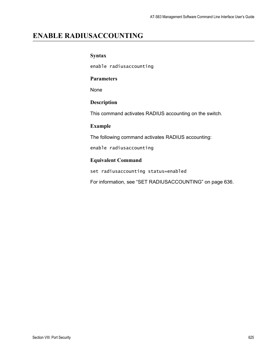 Enable radiusaccounting | Allied Telesis AT-S63 User Manual | Page 625 / 726