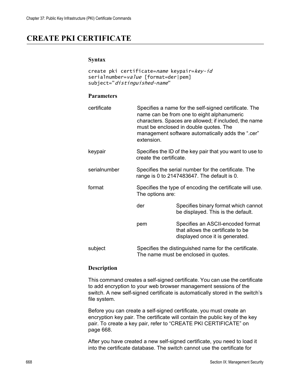Create pki certificate | Allied Telesis AT-S63 User Manual | Page 668 / 726