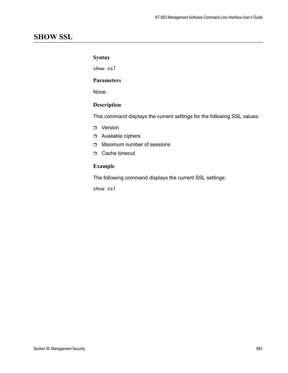 Show ssl | Allied Telesis AT-S63 User Manual | Page 683 / 726