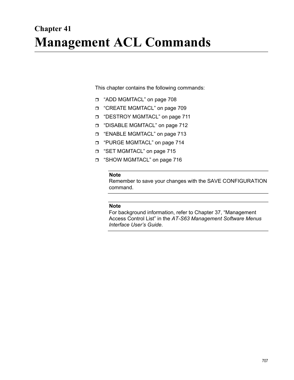 Chapter 41, Management acl commands | Allied Telesis AT-S63 User Manual | Page 707 / 726
