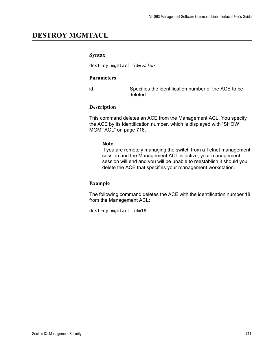 Destroy mgmtacl | Allied Telesis AT-S63 User Manual | Page 711 / 726