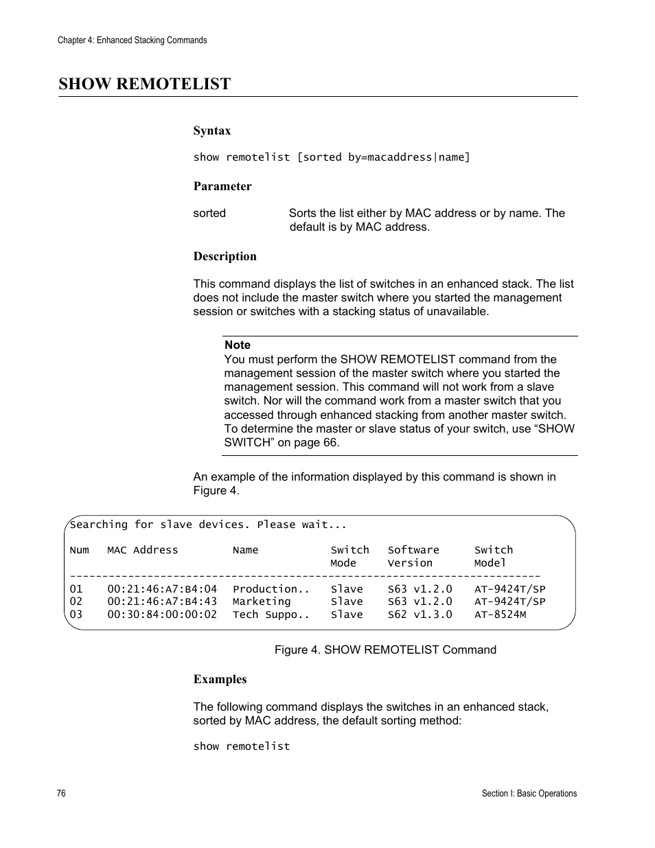Show remotelist | Allied Telesis AT-S63 User Manual | Page 76 / 726