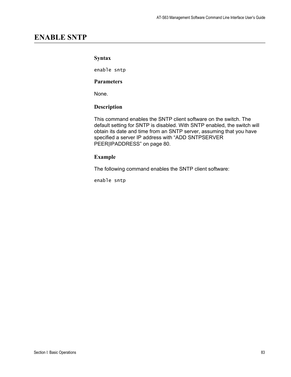 Enable sntp | Allied Telesis AT-S63 User Manual | Page 83 / 726