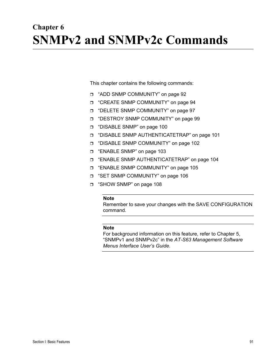 Chapter 6, Snmpv2 and snmpv2c commands, R 6: snmpv2 and snmpv2c commands | Allied Telesis AT-S63 User Manual | Page 91 / 726
