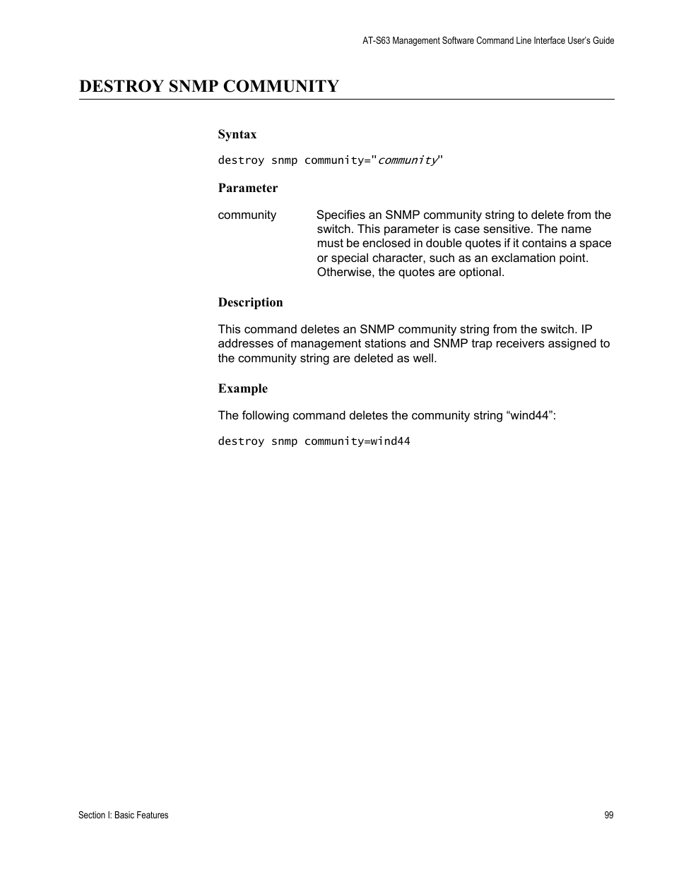 Destroy snmp community | Allied Telesis AT-S63 User Manual | Page 99 / 726