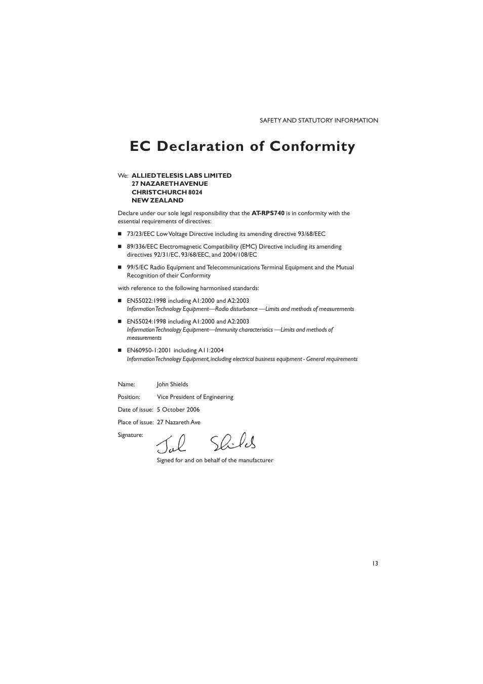 Ec declaration of conformity | Allied Telesis AT-RPS 740 User Manual | Page 13 / 14