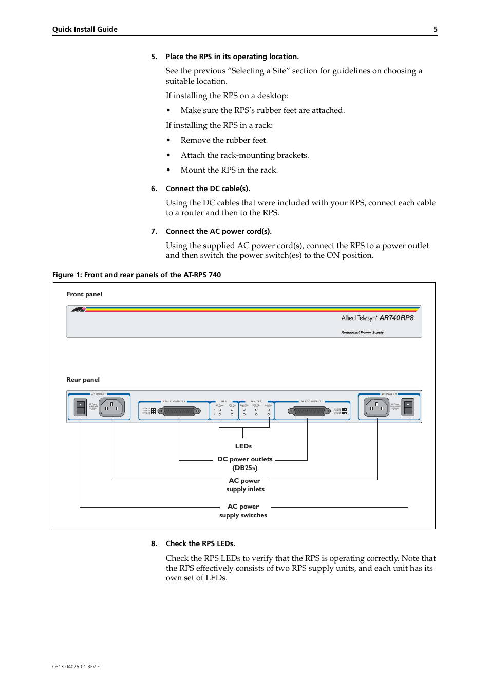 Quick install guide 5, Place the rps in its operating location, Connect the dc cable(s) | Connect the ac power cord(s) | Allied Telesis AR740 RPS Redundant Power Supply User Manual | Page 5 / 6