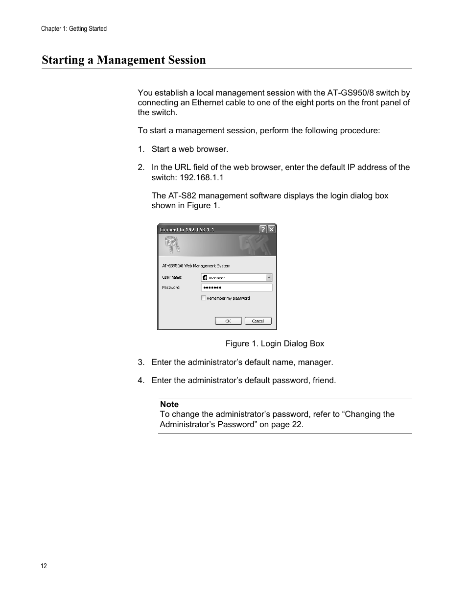 Starting a management session, Start a web browser, Figure 1. login dialog box | Allied Telesis AT-S82 User Manual | Page 12 / 72