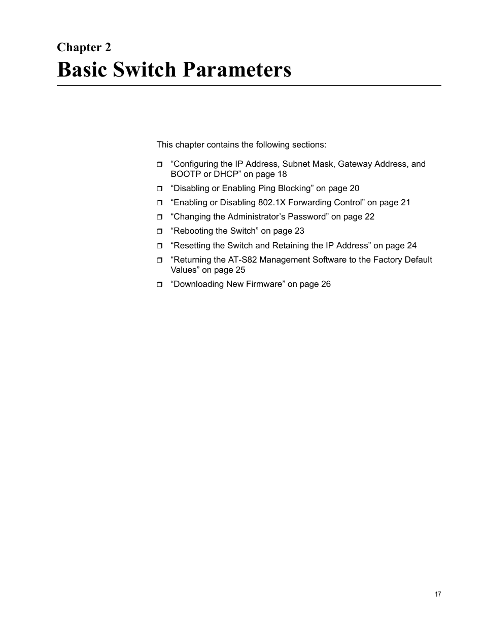 Chapter 2, Basic switch parameters | Allied Telesis AT-S82 User Manual | Page 17 / 72