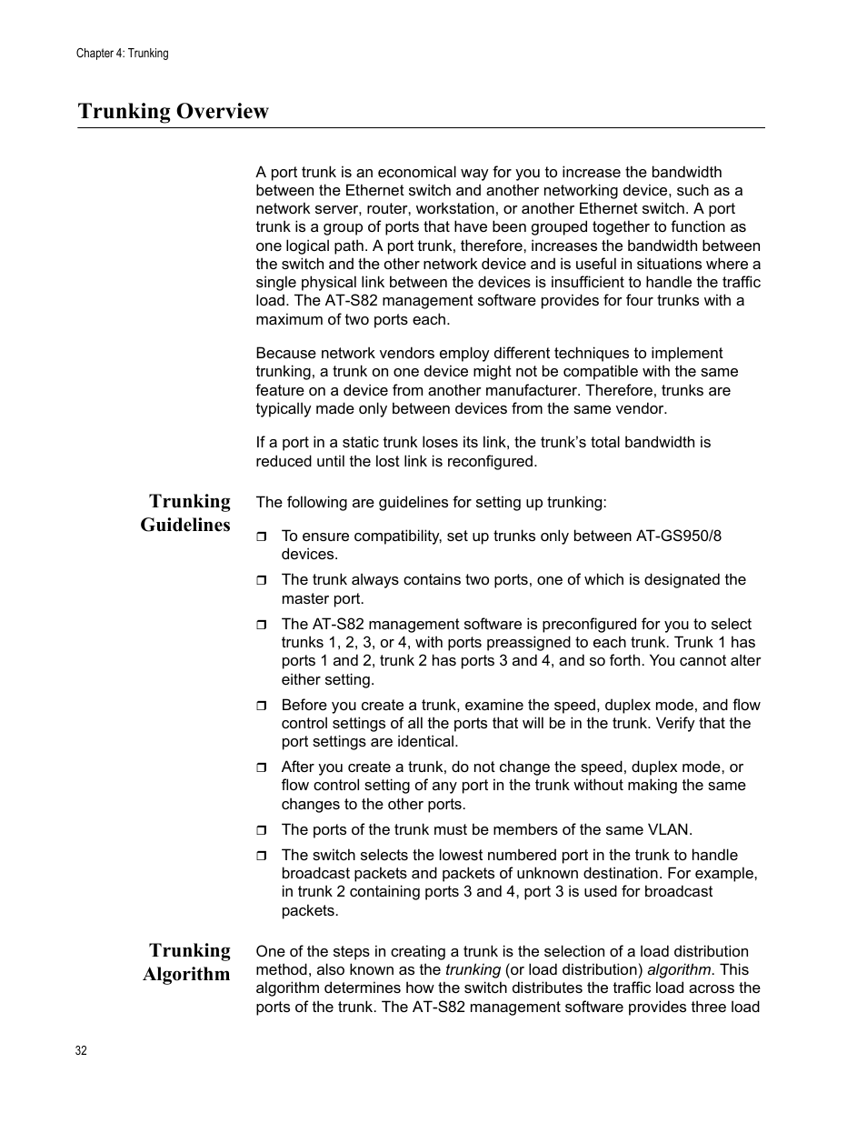 Trunking overview, Trunking guidelines, Trunking algorithm | Trunking guidelines trunking algorithm | Allied Telesis AT-S82 User Manual | Page 32 / 72
