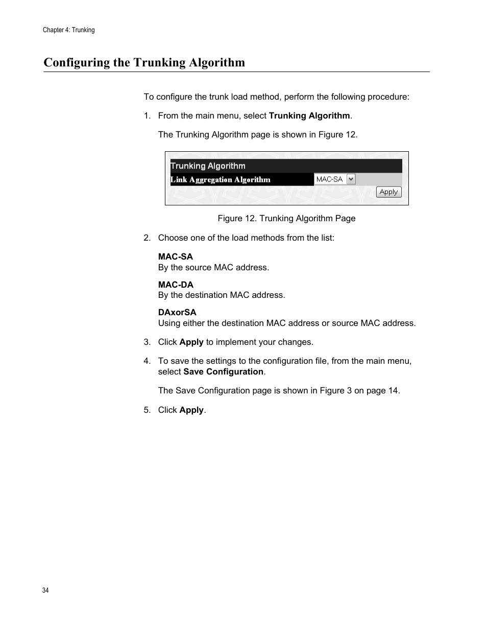 Configuring the trunking algorithm, From the main menu, select trunking algorithm | Allied Telesis AT-S82 User Manual | Page 34 / 72