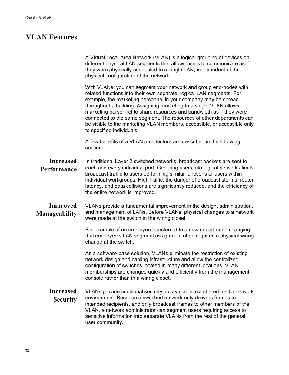 Vlan features, Increased performance, Improved manageability | Increased security | Allied Telesis AT-S82 User Manual | Page 38 / 72